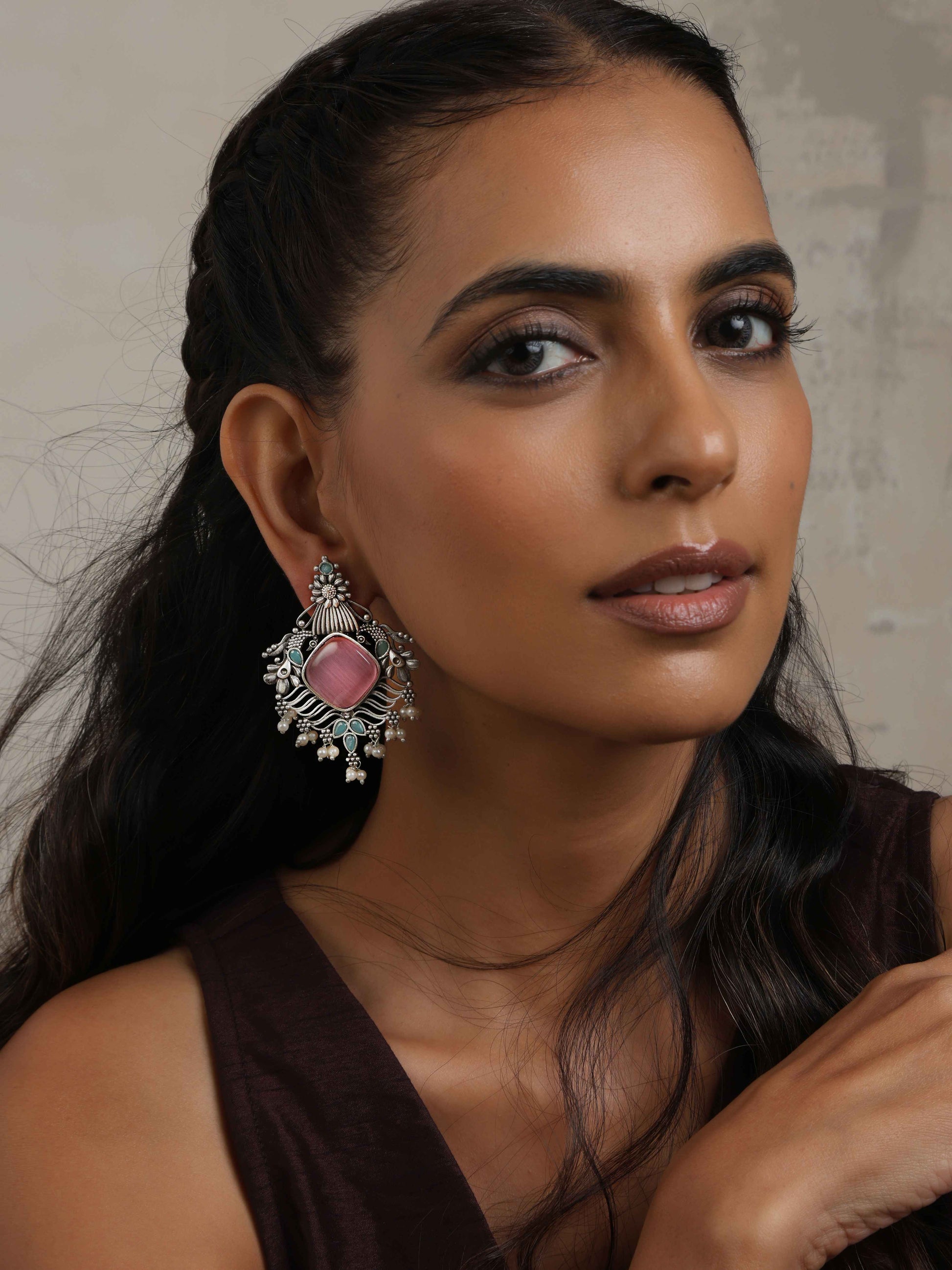 trueBrowns Silver Tone Pink Stone Pearl Drop Earrings - Swadesiicart