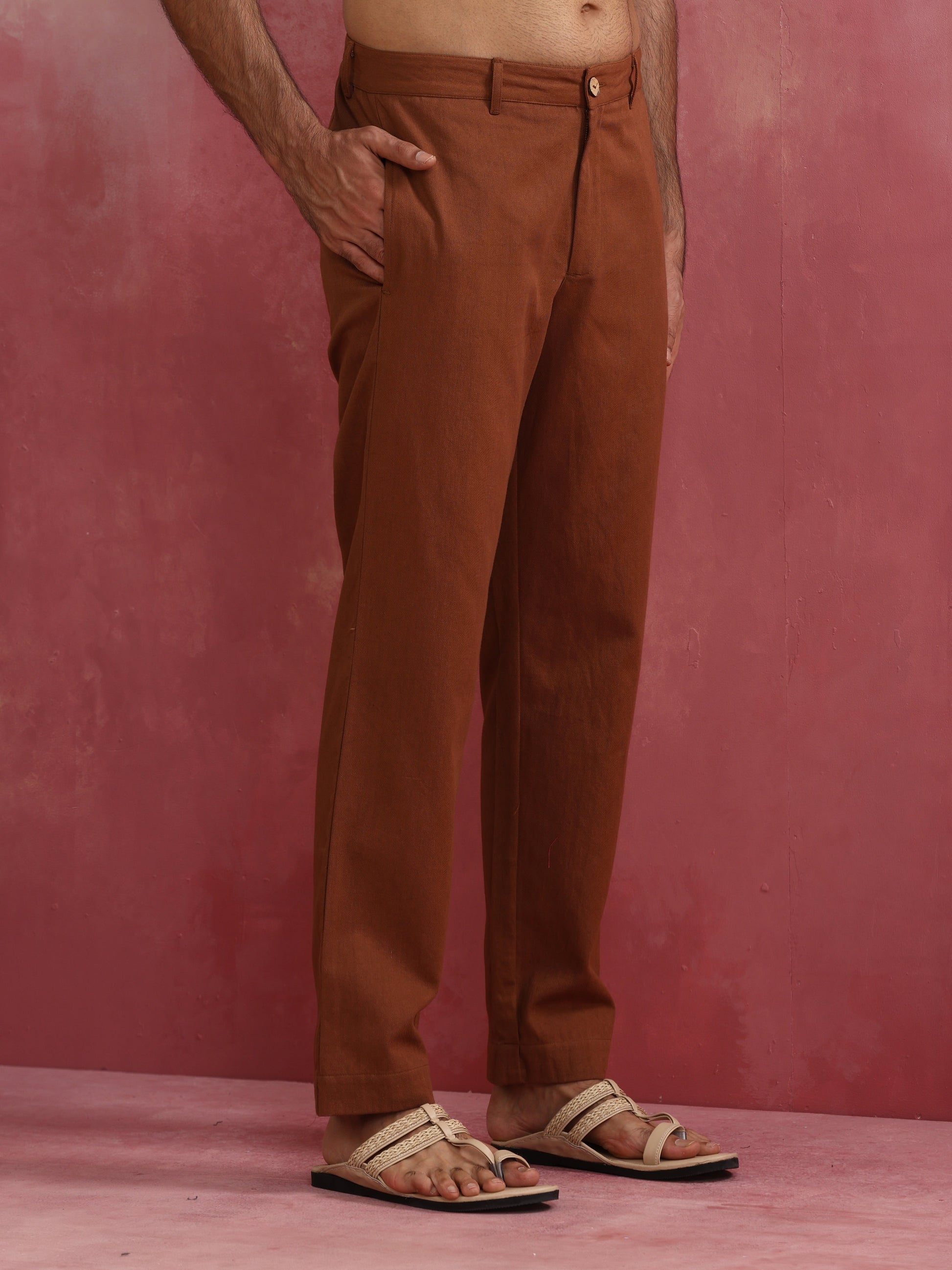 trueBrowns Men's Brown Cotton Twill Pants | Swadesiicart