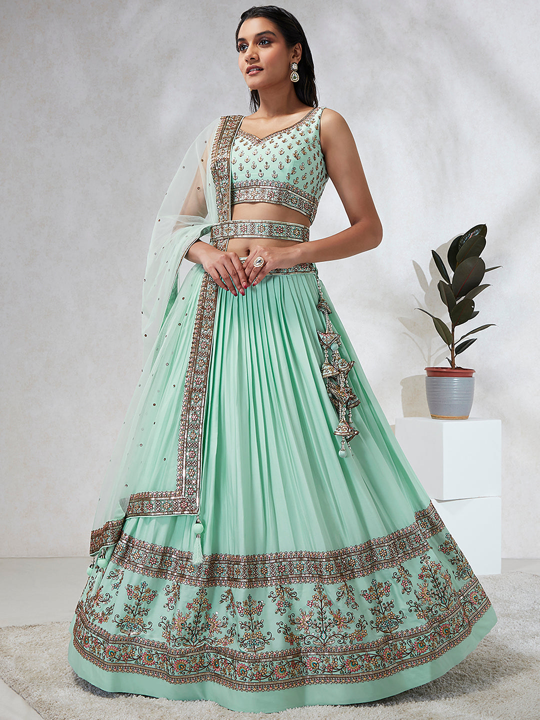 House of Panchhi Burgundy Pure Georgette Sequins And Thread Embroidery Lehenga Choli & Dupatta | Swadesiicart