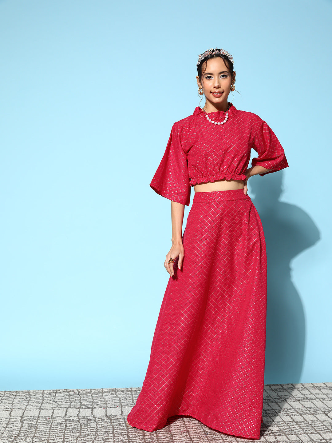 InWeave Women's Candy Red Gold Crop Top With Side Slit Skirt - Swadesiicart