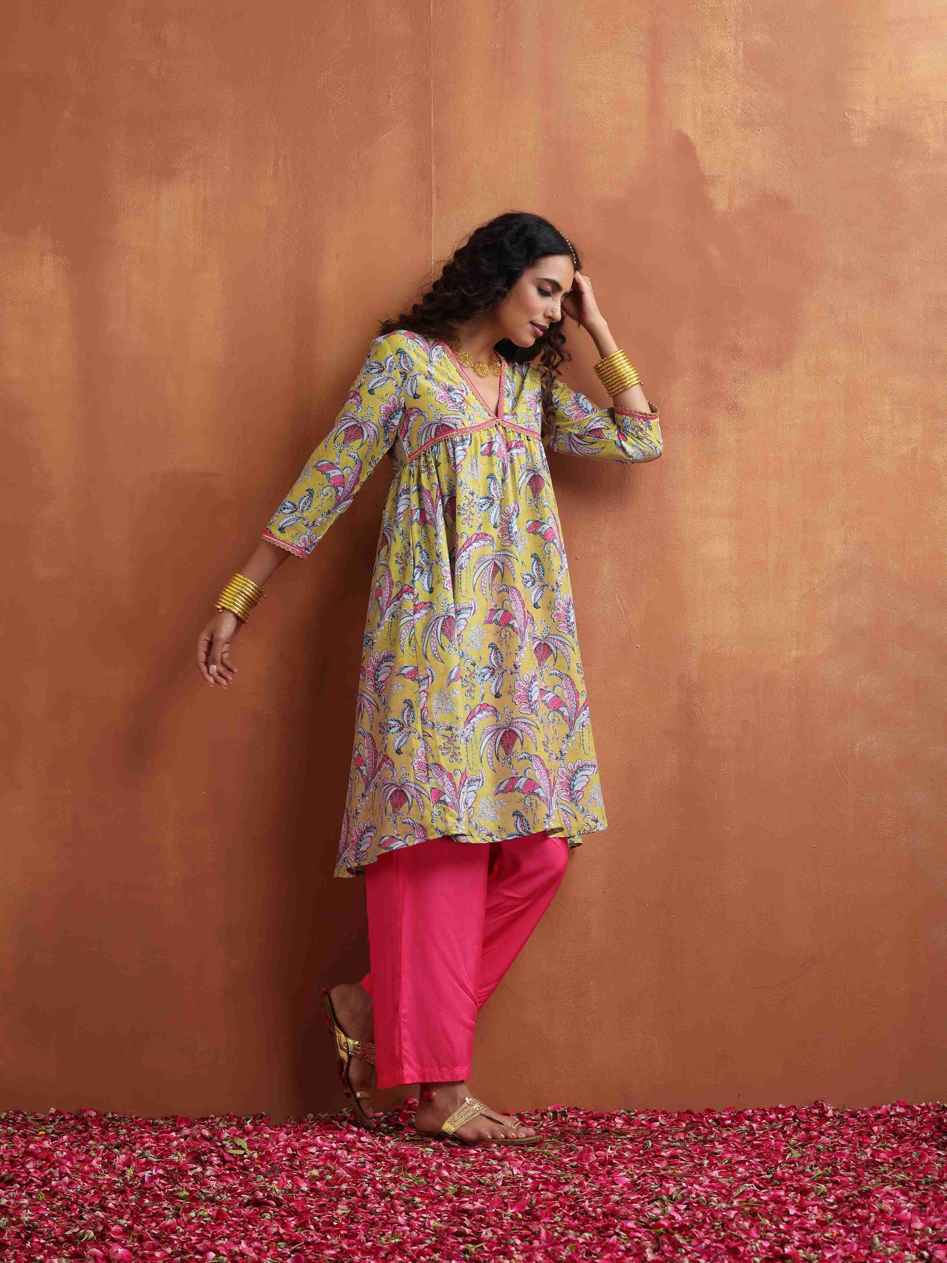 trueBrowns Yellow Print Anarkali Kurta Co-ord Set - Swadesiicart