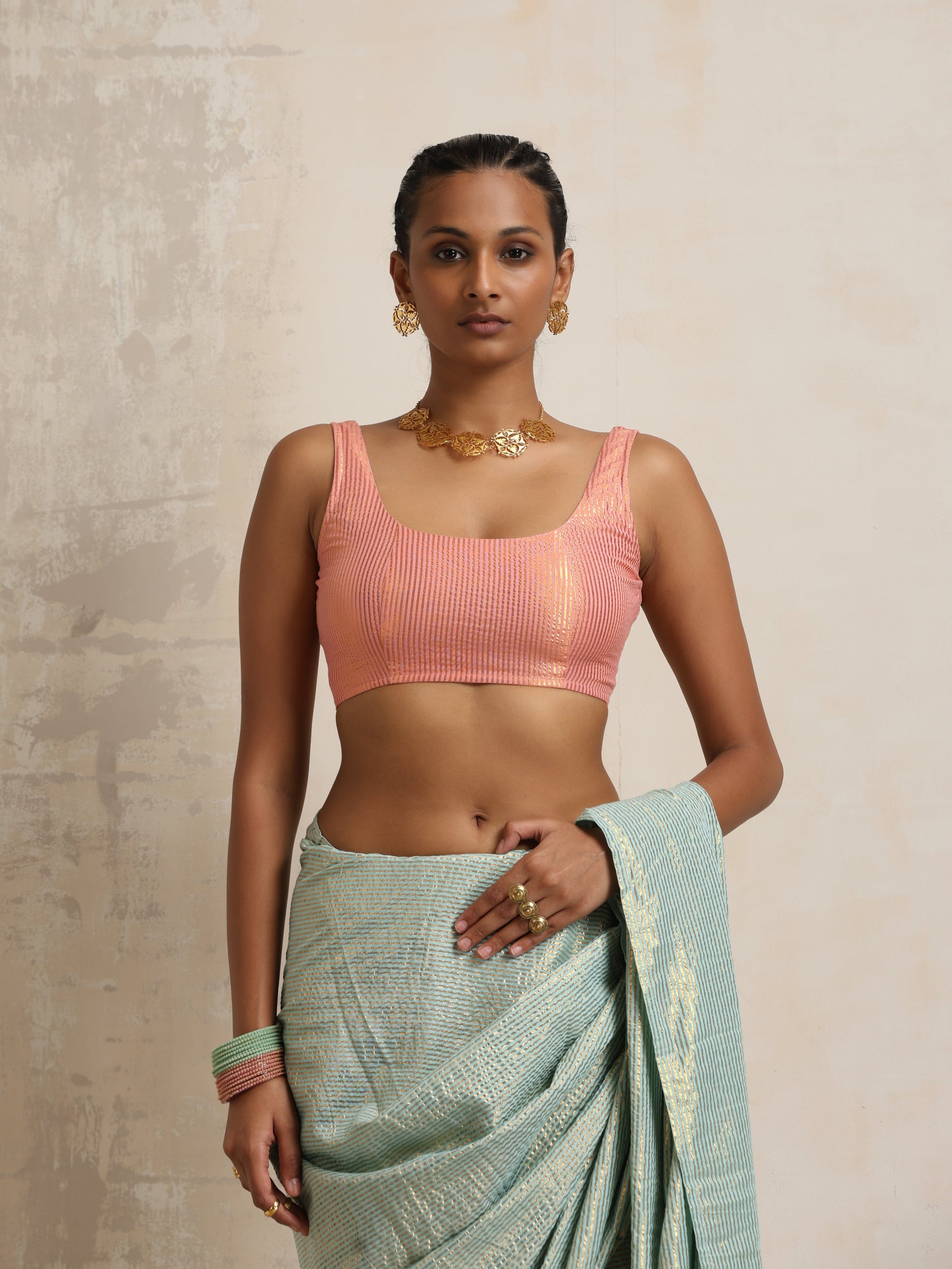 trueBrowns Peach Gold Metallic Blouse | Swadesiicart