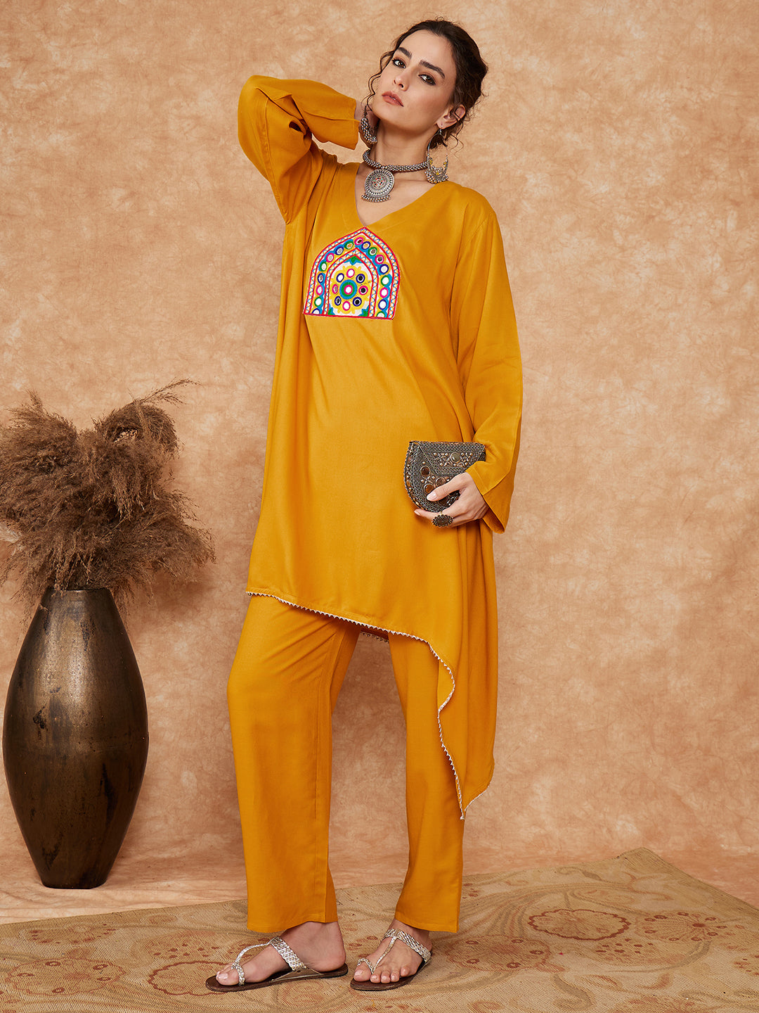 InWeave Women's Mustard Trangle Yellow Patch Work Assymentrical Kurta Set - Swadesiicart