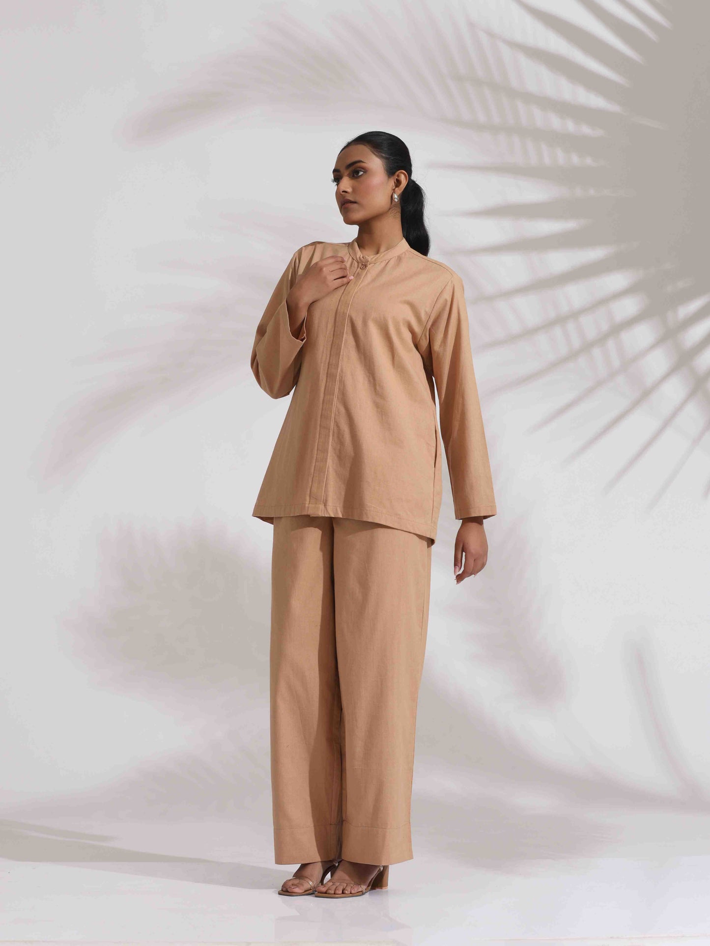 trueBrowns Beige Cotton Embroidered Shirt Top Co-ord Set - Swadesiicart