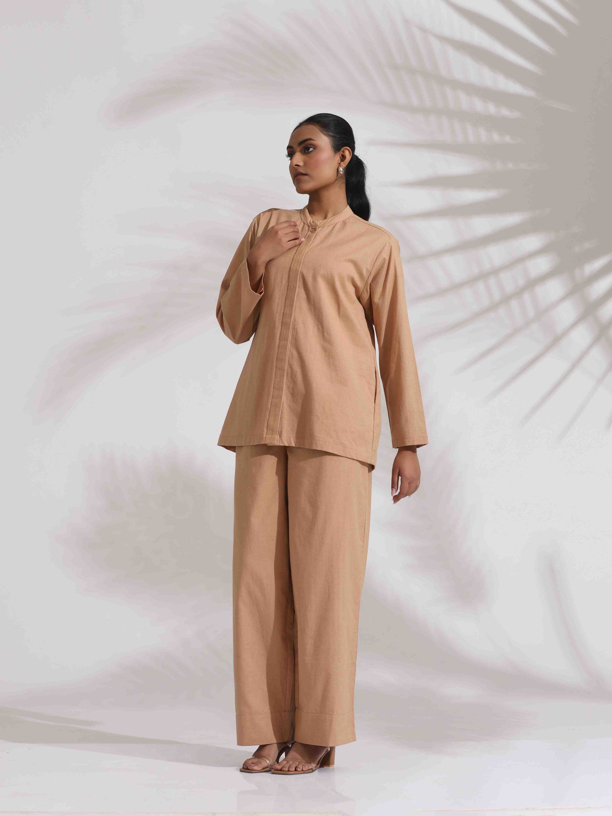trueBrowns Beige Cotton Embroidered Shirt Top Co-ord Set - Swadesiicart