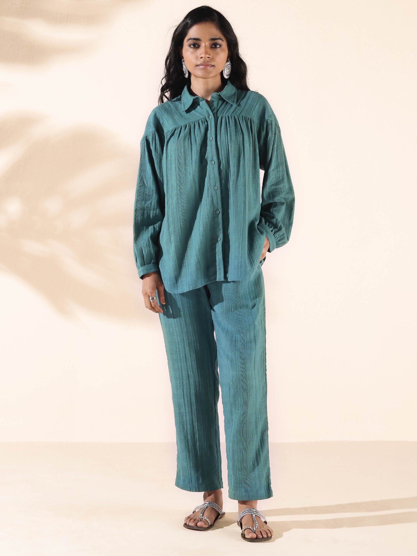 trueBrowns Turquoise Cotton Dobby Shirt Co-ord Set - Swadesiicart