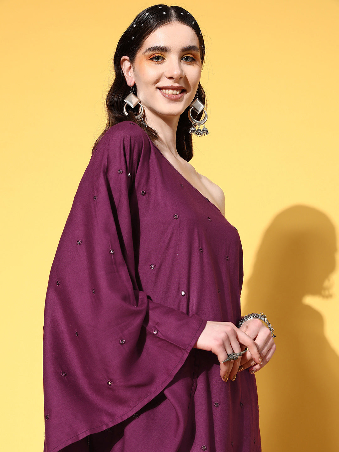 InWeave Women's Wine Mirror Work One Shoulder Kurta Set - Swadesiicart