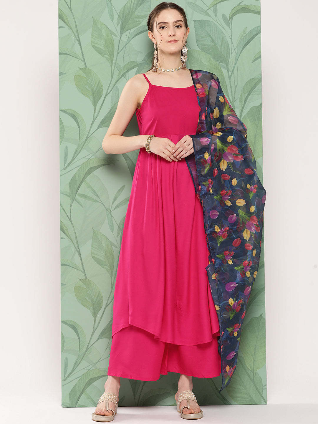 InWeave Women's Fuchsia Strappy Set W Navy Pink Or Dupatta - Swadesiicart