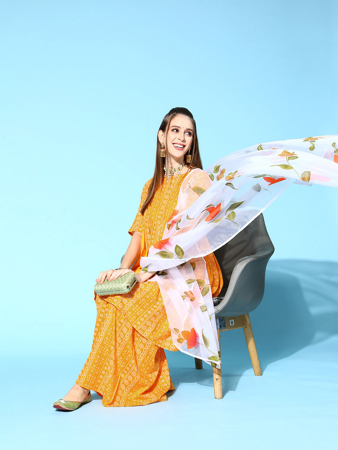 InWeave Women's Yellow Bandhani Sharara Set With Dupatta - Swadesiicart