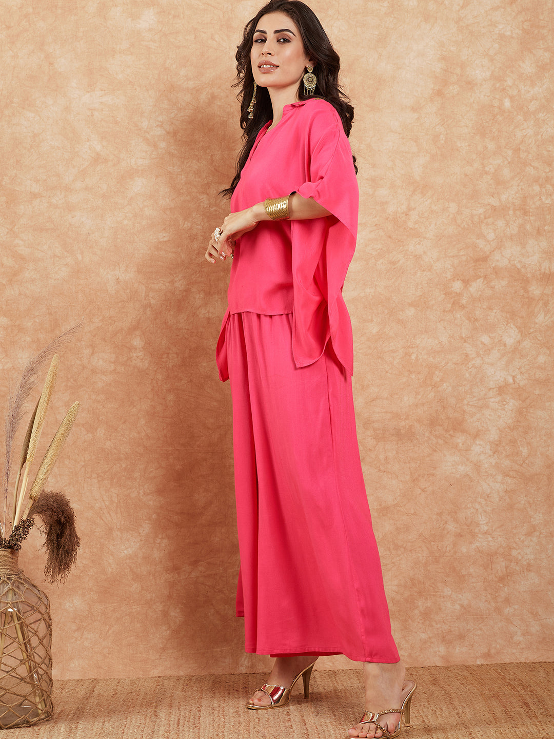 InWeave Women's Fuchsia Solid Collar Neck Boho Top Bottom Set - Swadesiicart
