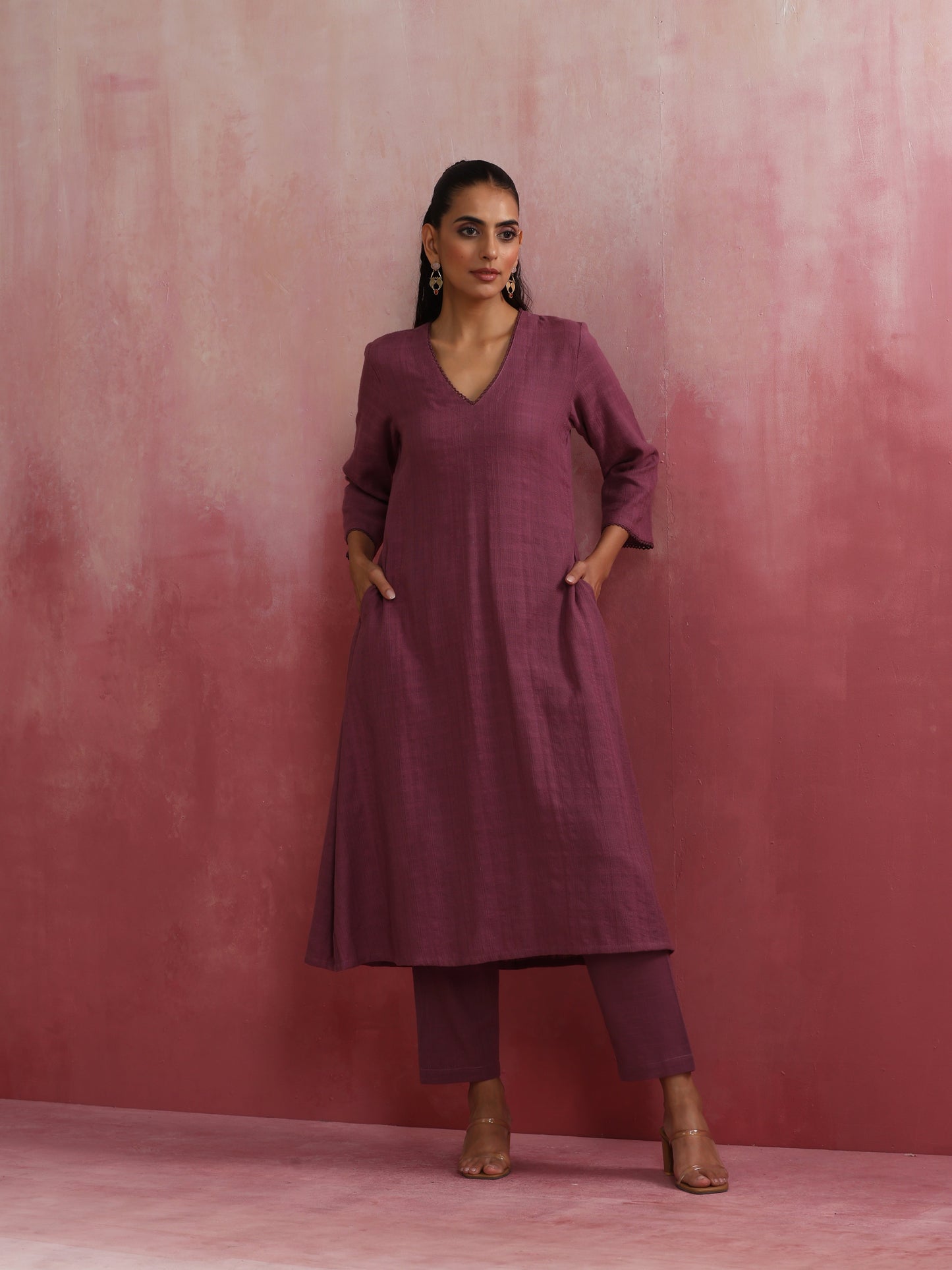 trueBrowns Light Purple Cotton Dobby Flared Kurta Set | Swadesiicart
