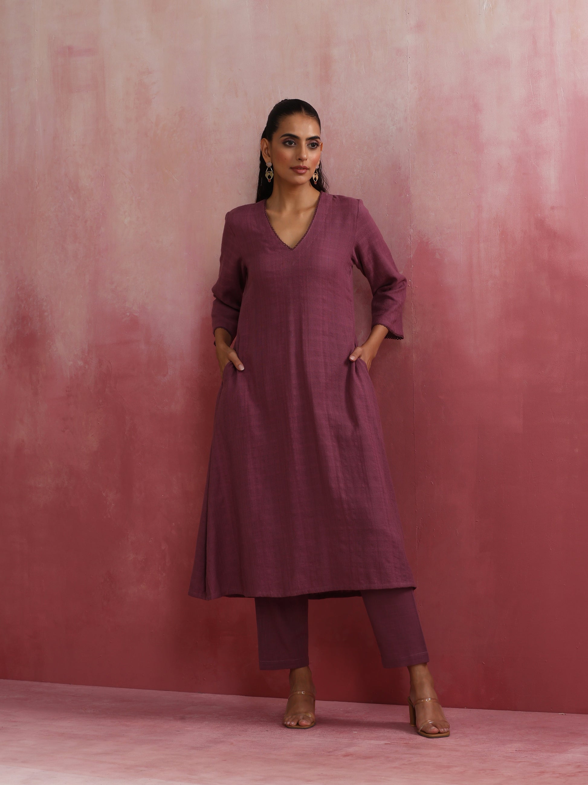 trueBrowns Light Purple Cotton Dobby Flared Kurta Set | Swadesiicart