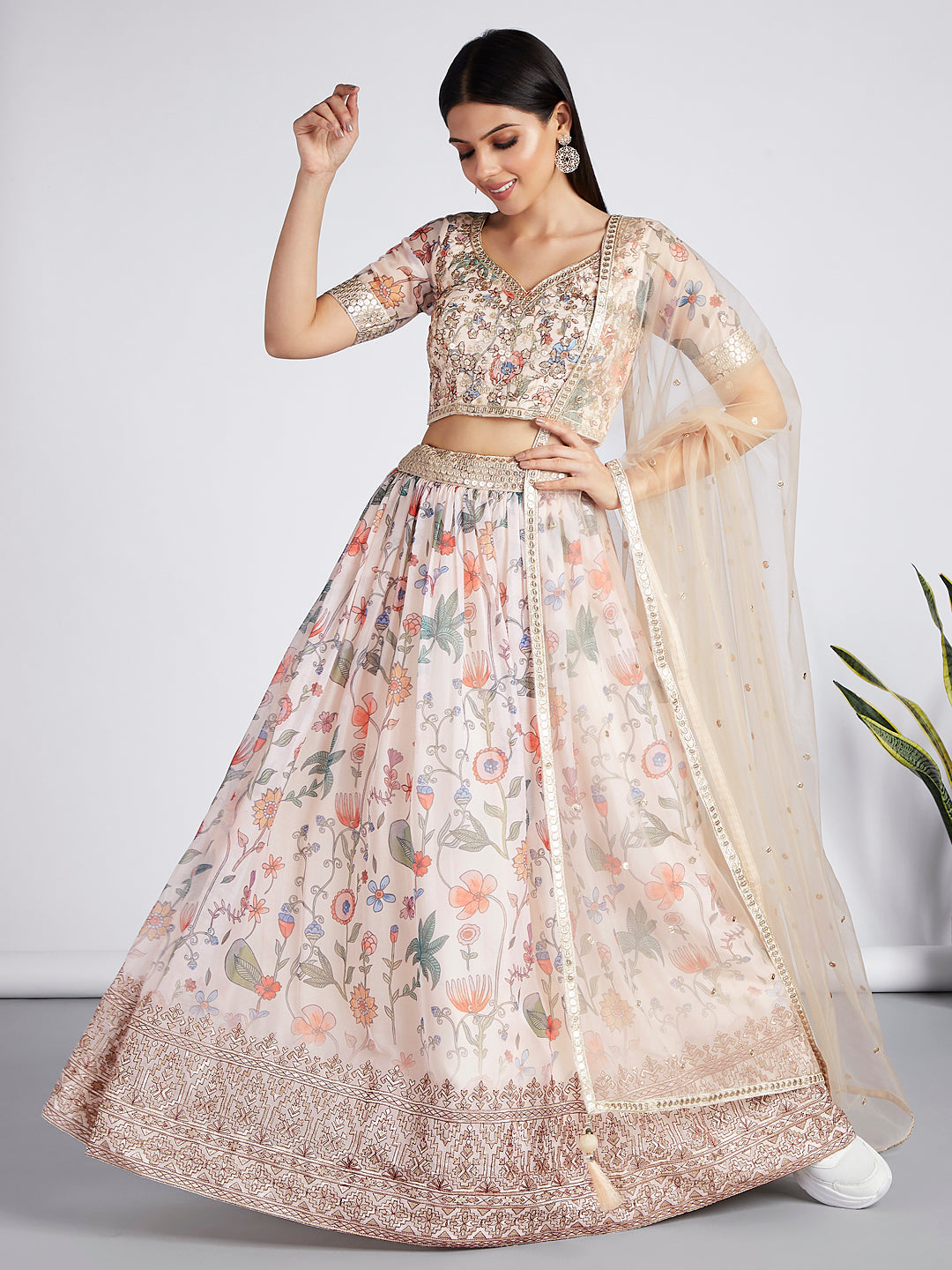 House of Panchhi Cream Colour Organza Floral Design Digital Print Lehenga Choli & Dupatta | Swadesiicart