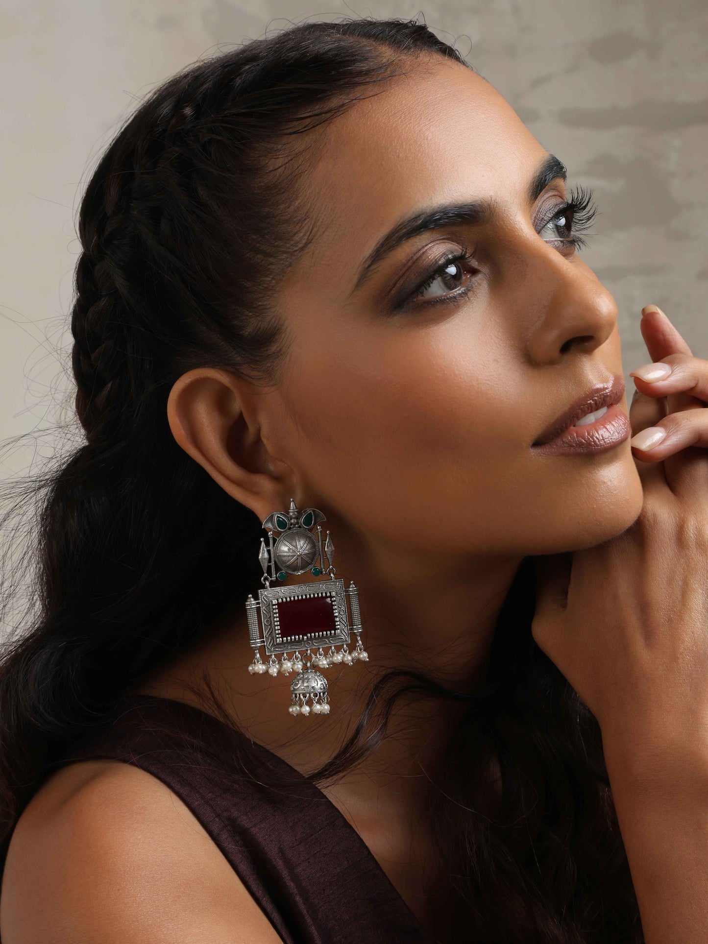 trueBrowns Silver Tone Red Stone Dangle Earrings - Swadesiicart