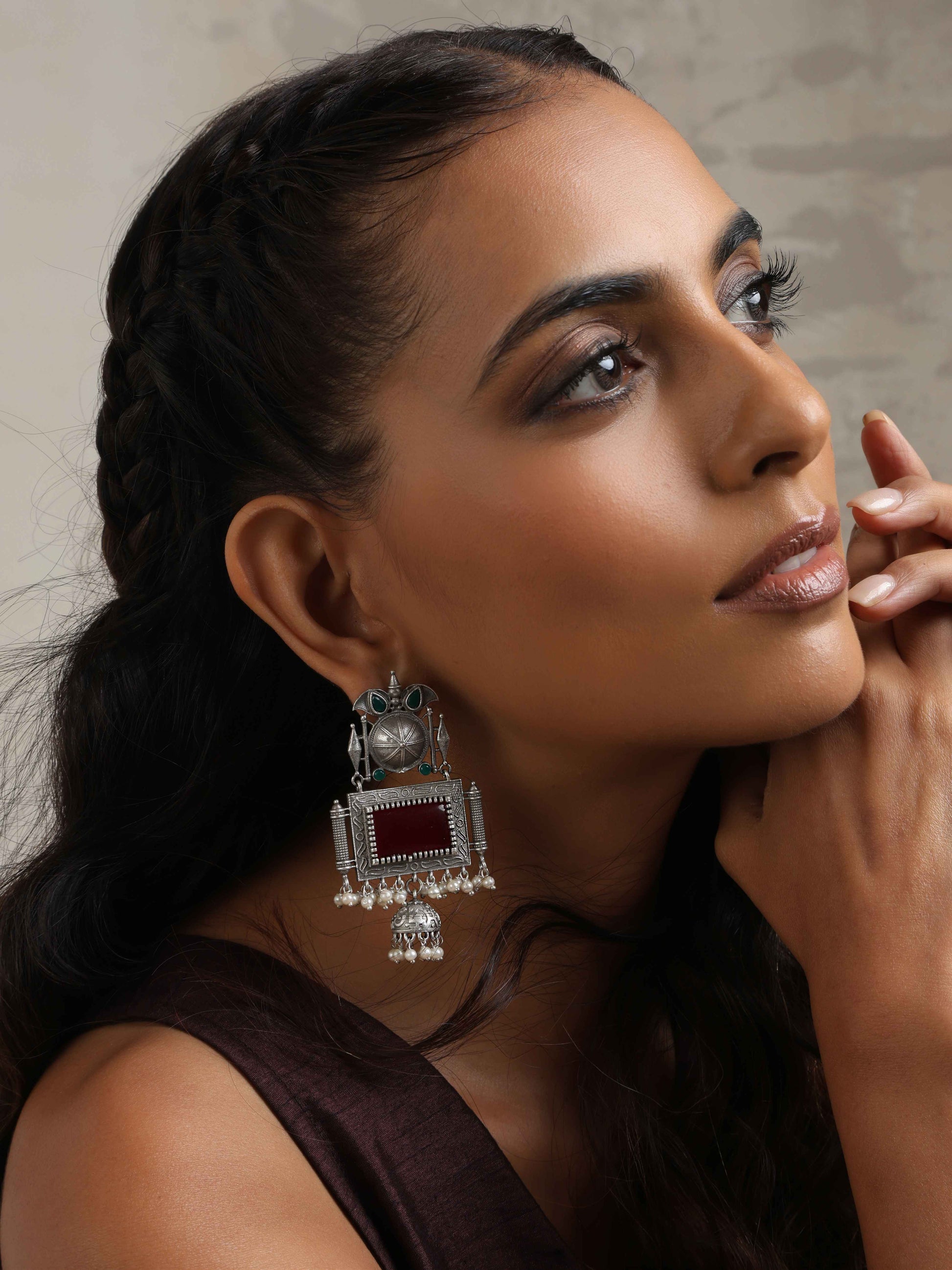 trueBrowns Silver Tone Red Stone Dangle Earrings - Swadesiicart