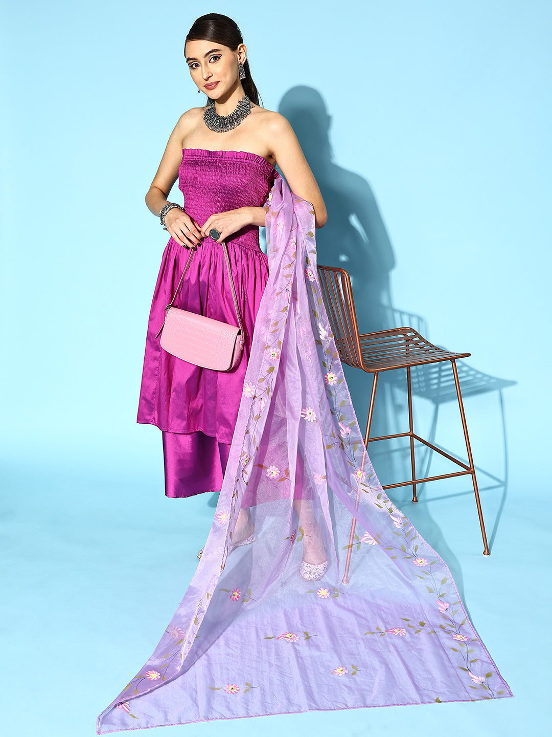 InWeave Purple Off Shoulder Silk Kurta Set -Mauve Hand Painted Dupatta - Swadesiicart