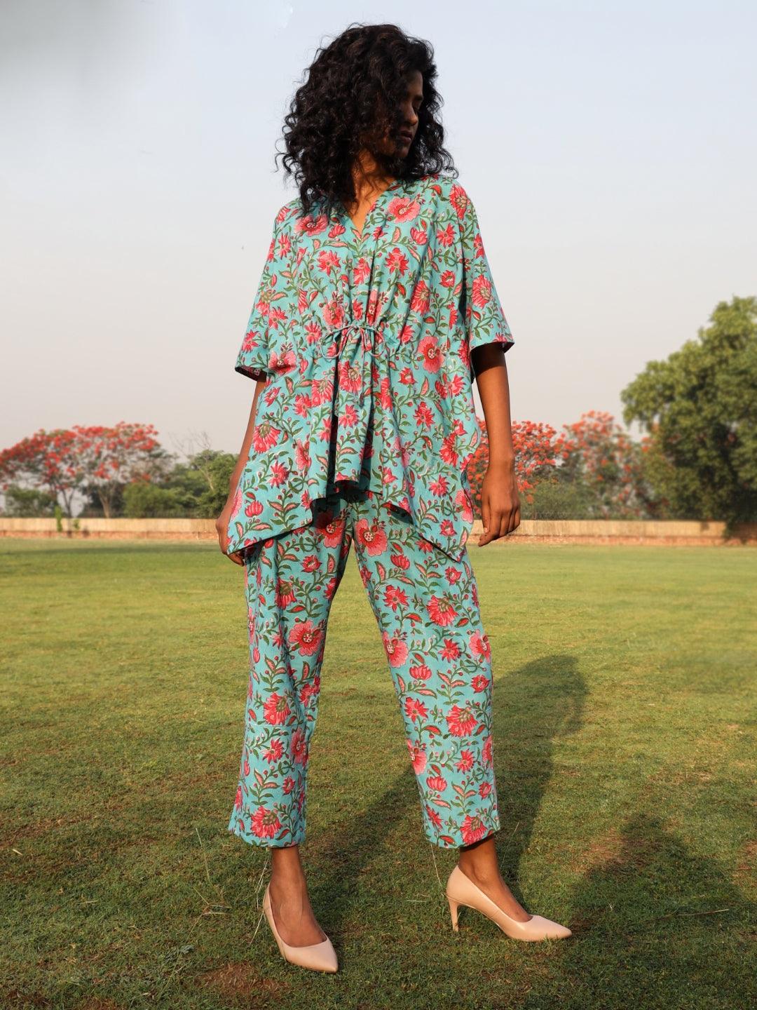 trueBrowns Aqua Cotton Block Print Kaftan Co-Ord Set - Swadesiicart