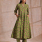 trueBrowns Lime Green Overall Pink Floral Block Print Cotton Flared Kurta Pant Set | Swadesiicart