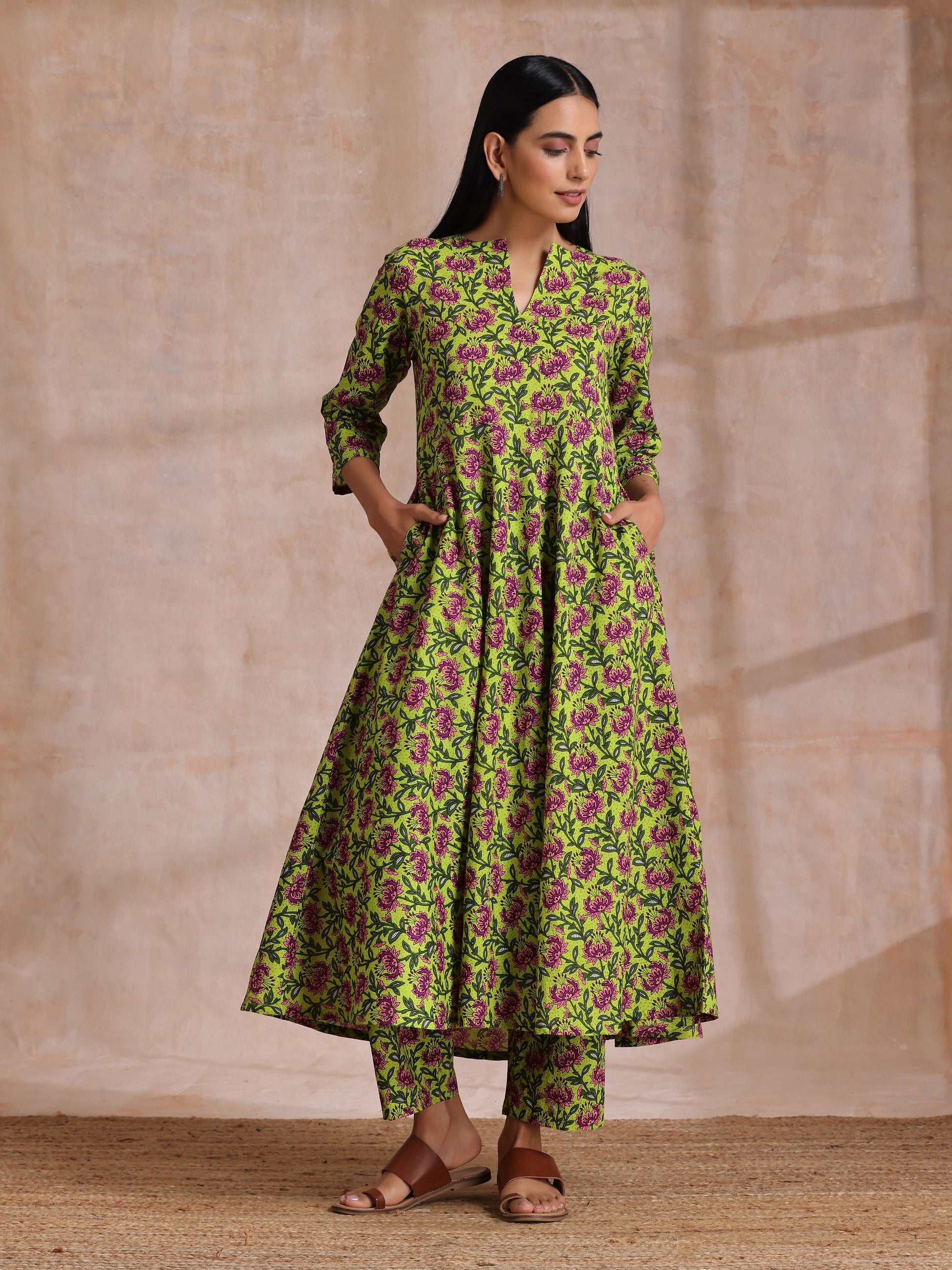 trueBrowns Lime Green Overall Pink Floral Block Print Cotton Flared Kurta Pant Set | Swadesiicart