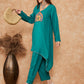 InWeave Women's Teal Trangle Yellow Patch Work Assymentrical Kurta Set - Swadesiicart
