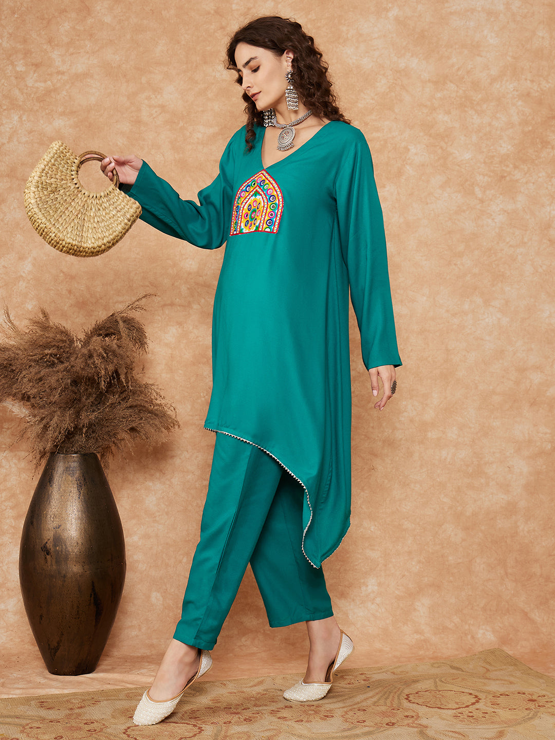 InWeave Women's Teal Trangle Yellow Patch Work Assymentrical Kurta Set - Swadesiicart