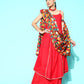 InWeave Women's Red Gota Strappy Set With Multi Foil Muslin Dupatta - Swadesiicart