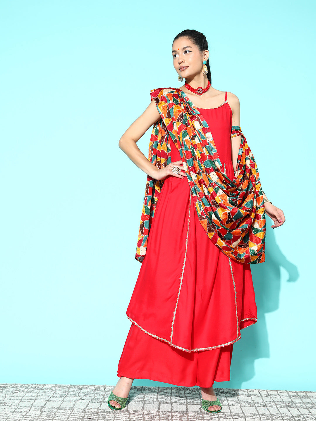 InWeave Women's Red Gota Strappy Set With Multi Foil Muslin Dupatta - Swadesiicart