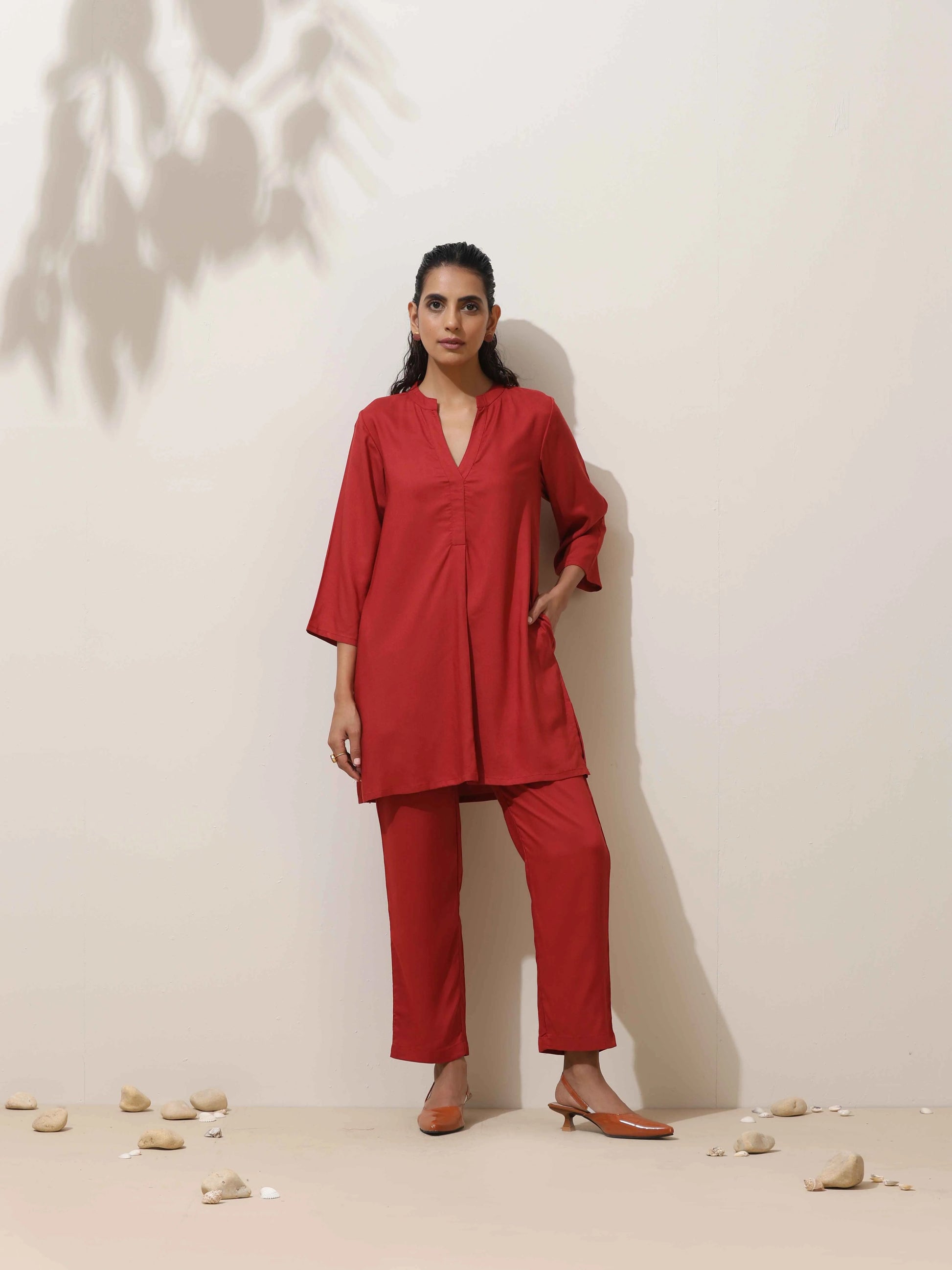 trueBrowns Maroon Viscose Solid Co-ord Set - Swadesiicart