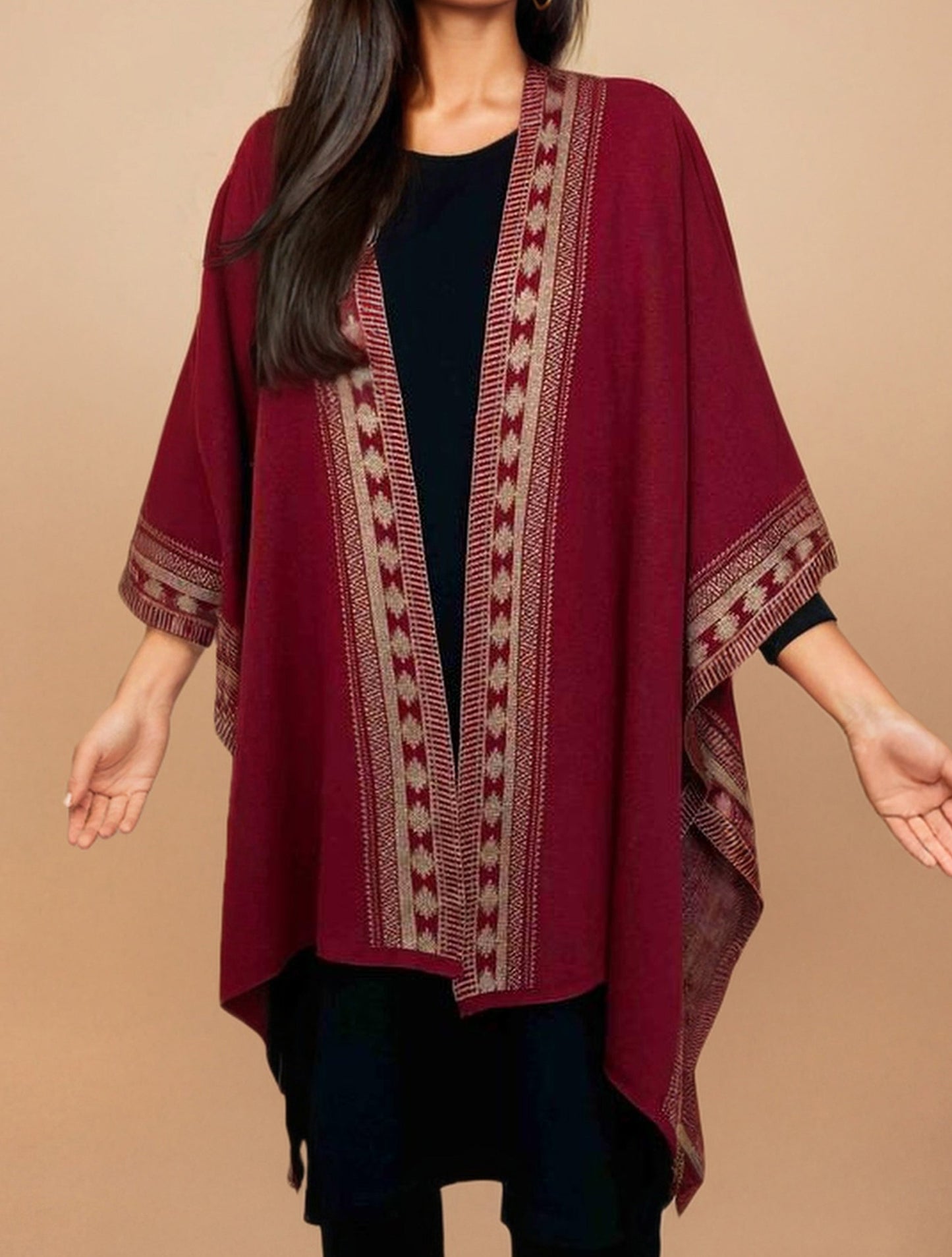 trueBrowns Maroon Woollen Geometric Kaftan Cape | Swadesiicart