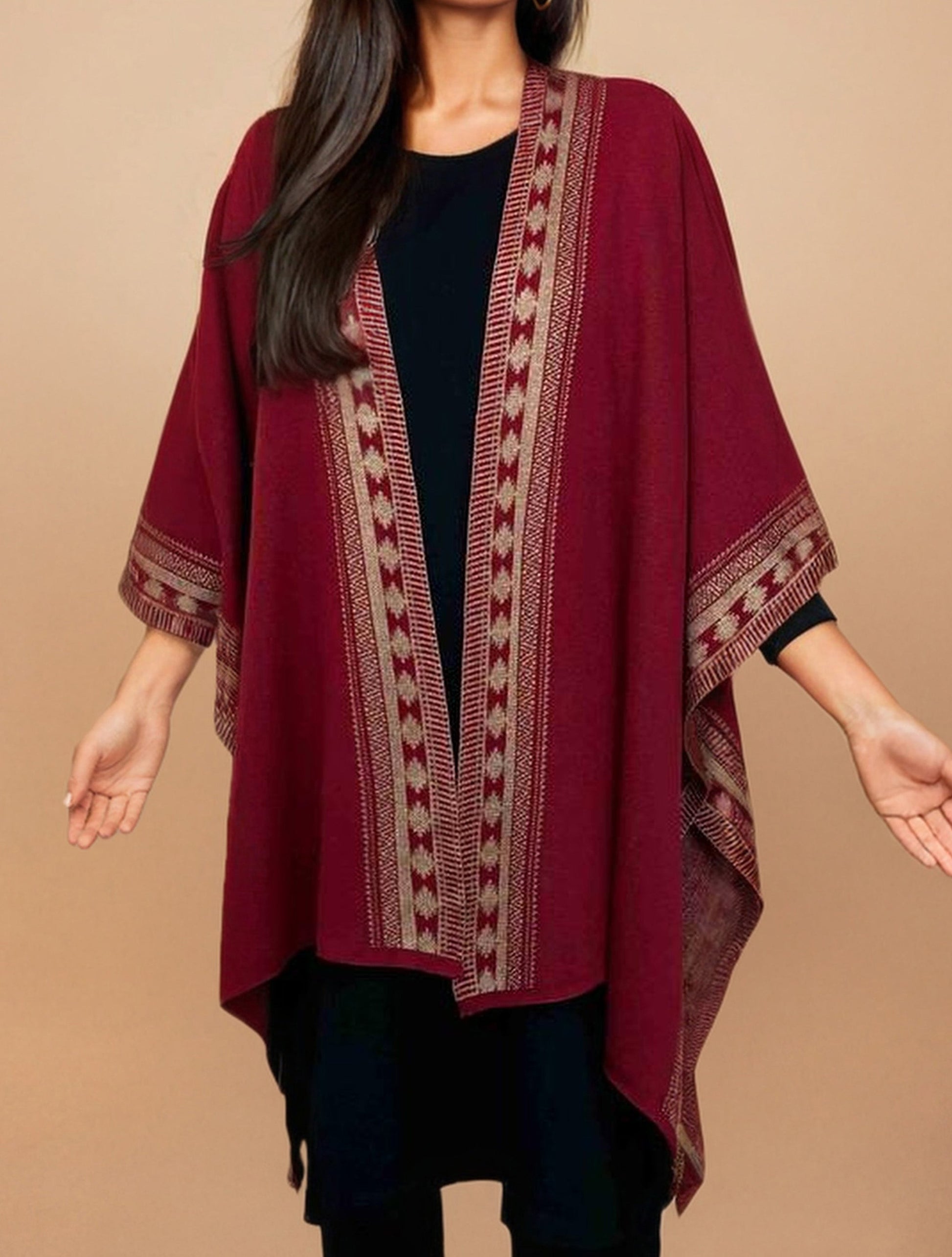 trueBrowns Maroon Woollen Geometric Kaftan Cape | Swadesiicart