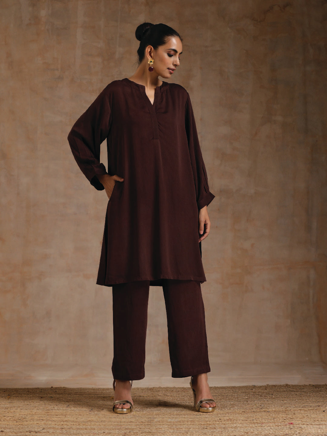 trueBrowns Cola Brown Modal Satin Relax Co-ord Set - Swadesiicart