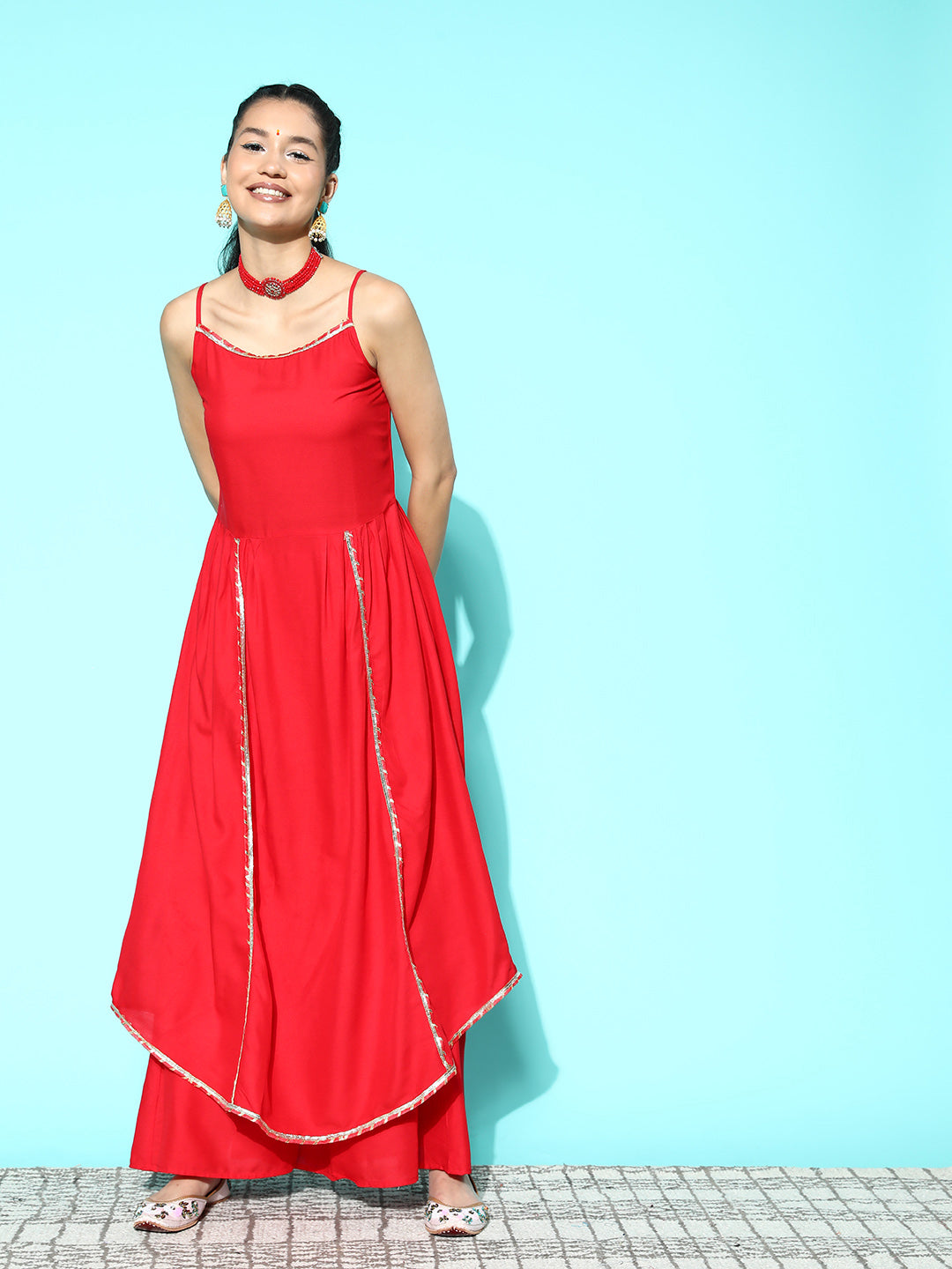 InWeave Women's Red Gota Strappy Kurta Set - Swadesiicart