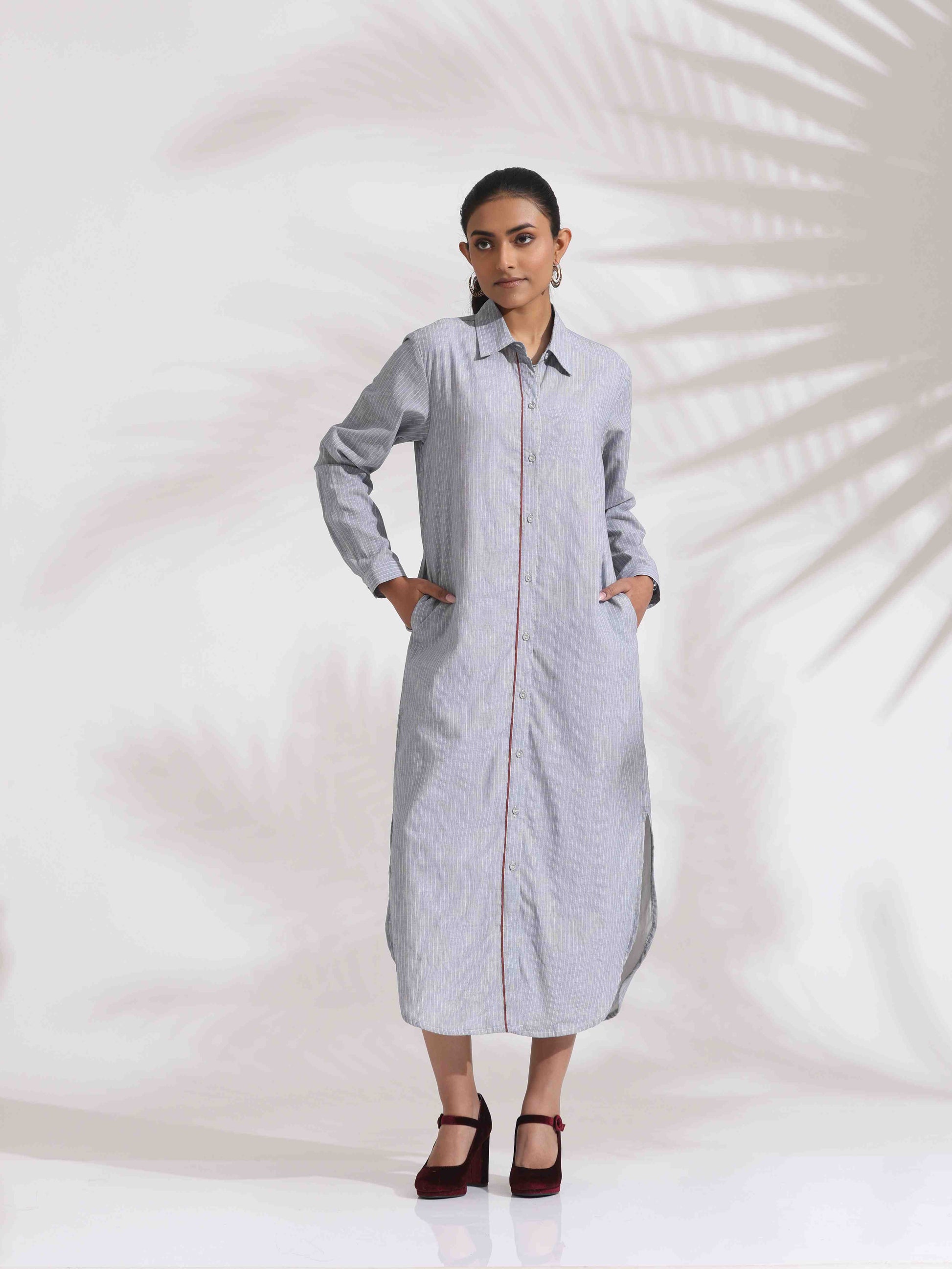 trueBrowns Grey Stripe Cotton Shirt Dress | Swadesiicart