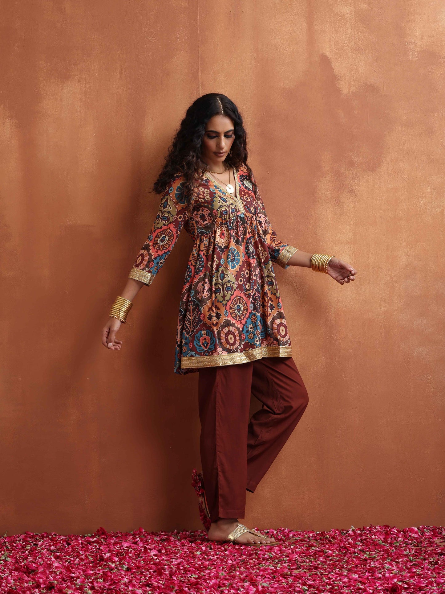 trueBrowns Brown Print Flared Co-ord Set - Swadesiicart