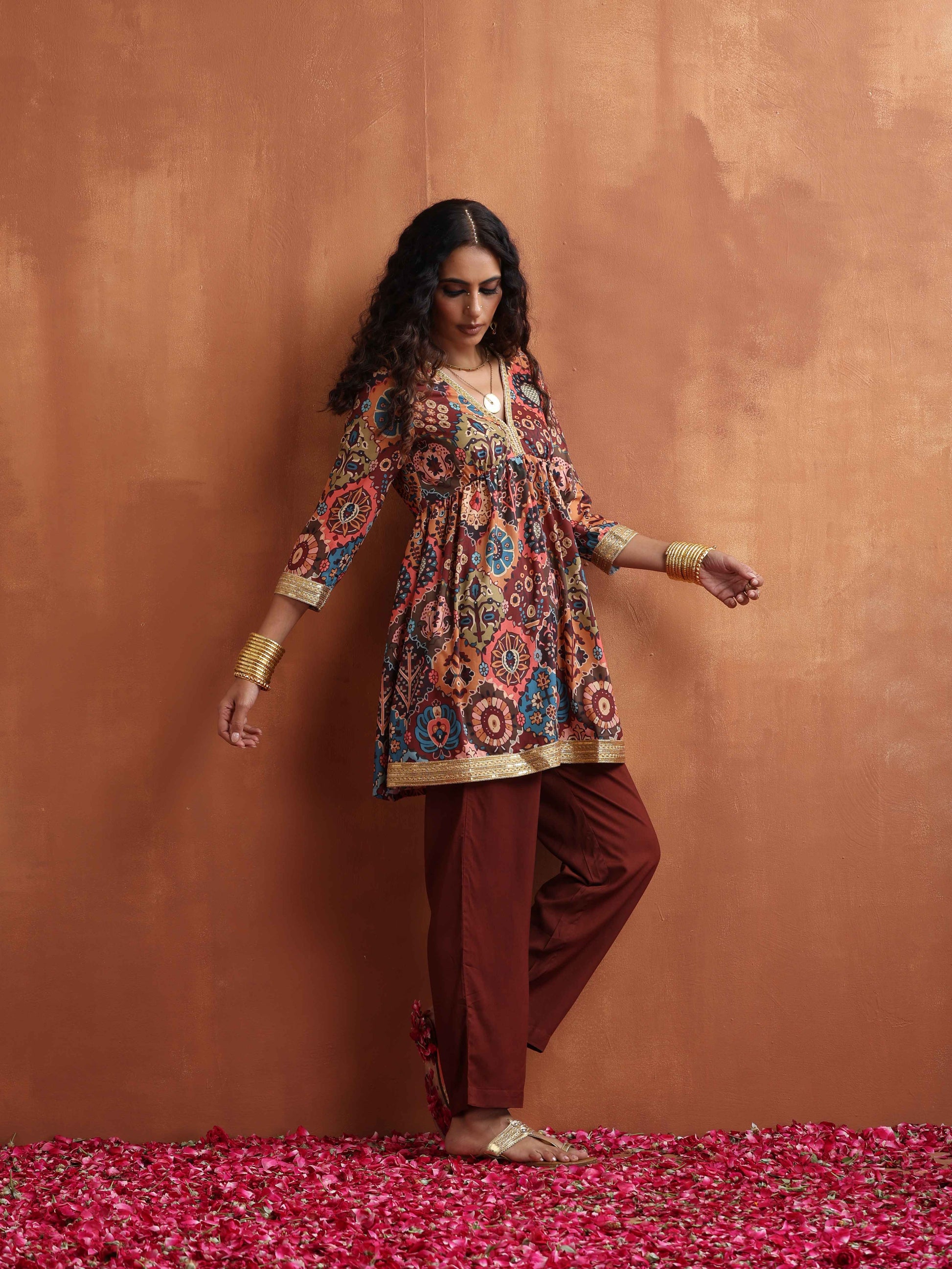 trueBrowns Brown Print Flared Co-ord Set - Swadesiicart