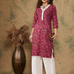 InWeave Women's Burgundy Maroon Print V Neck Lace Work Straight Kurta - Swadesiicart