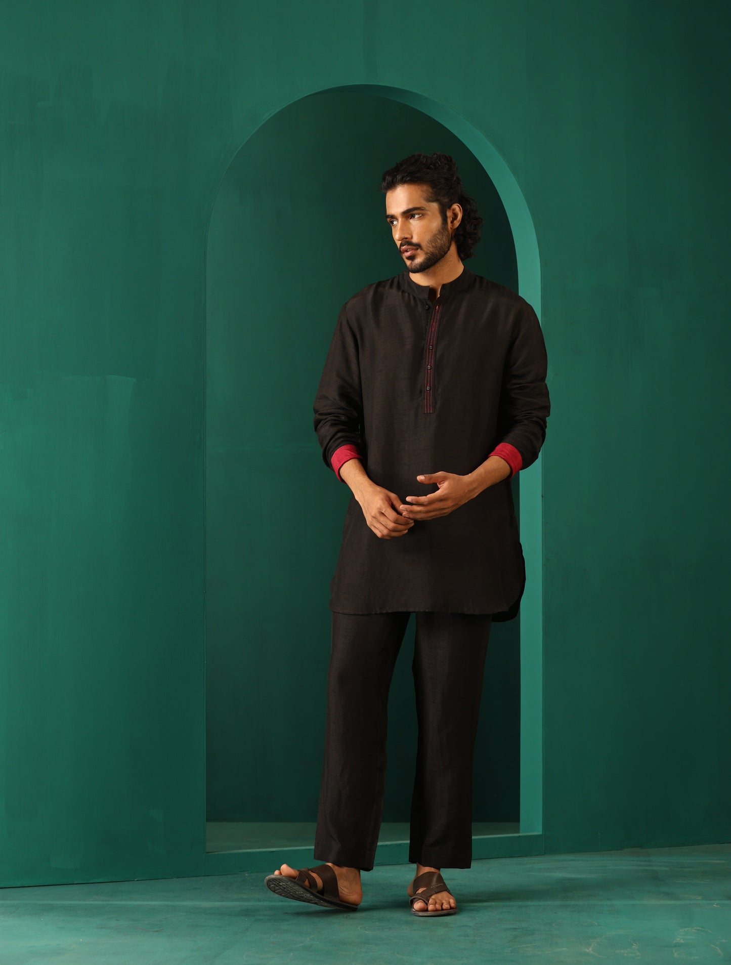trueBrowns Men's Black Silk Co-ord Set Stitch Detail - Swadesiicart