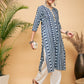 InWeave Women's White Navy Stripe Print Gota Straight Kurta Pant Set - Swadesiicart