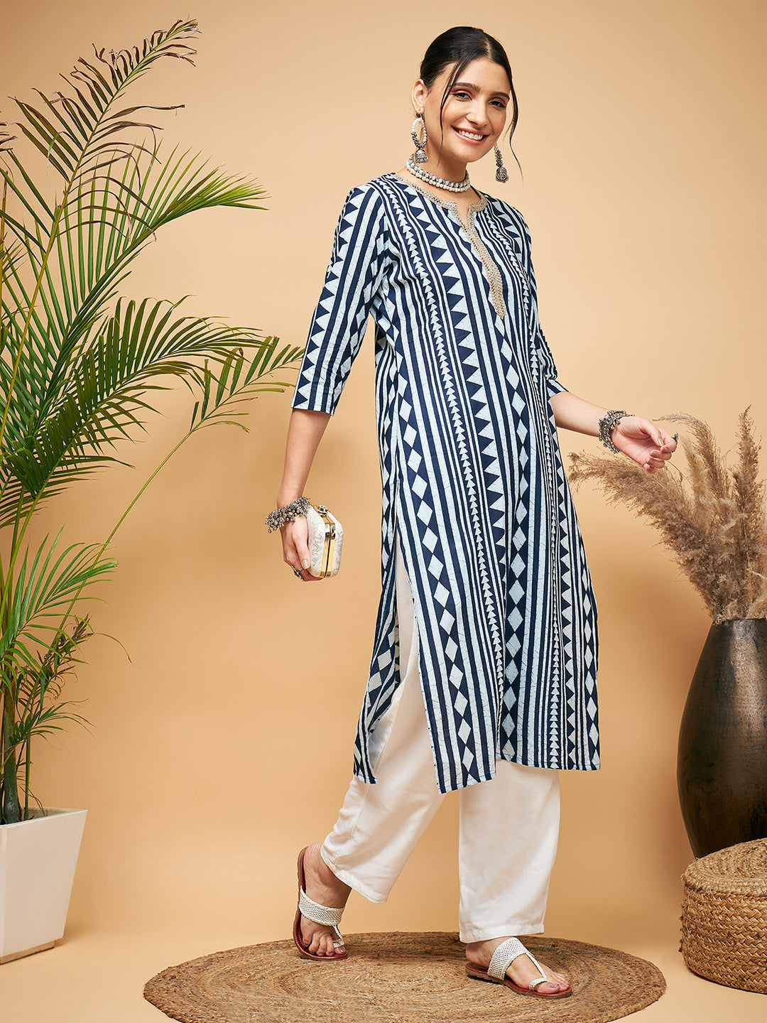 InWeave Women's White Navy Stripe Print Gota Straight Kurta Pant Set - Swadesiicart