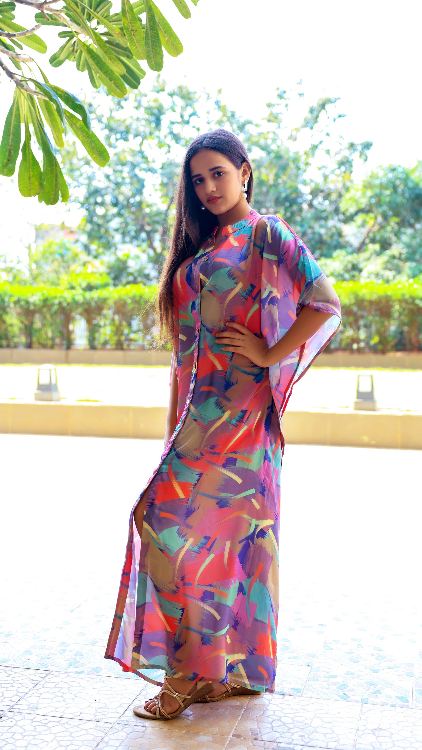 Noroke Sustainable fabric | Bemberg Abstract Printed Shirt Style Kaftan | Swadesiicart