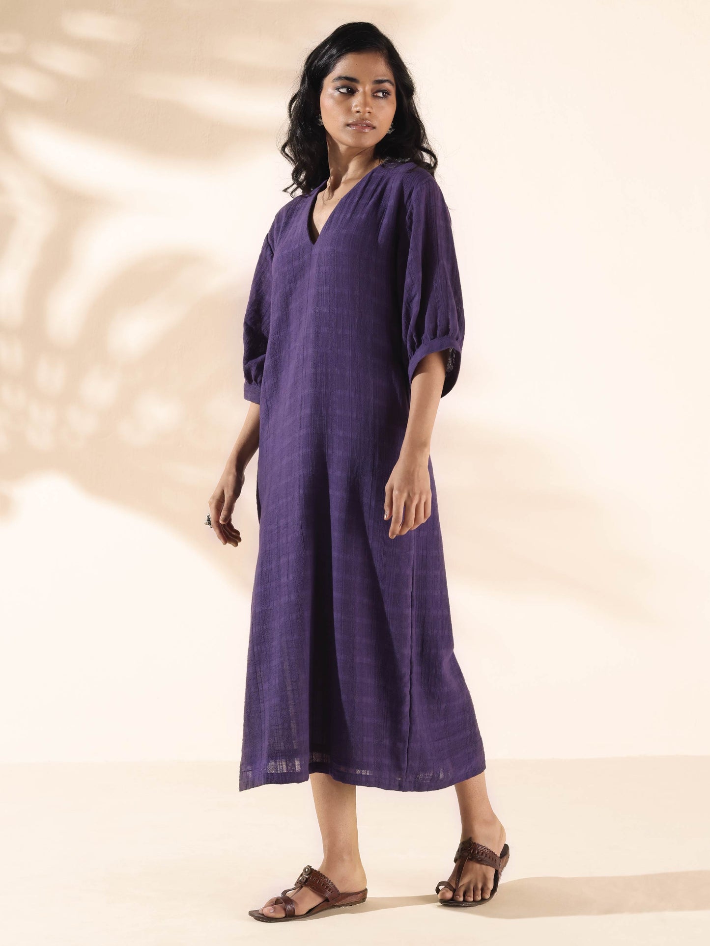 trueBrowns Purple Cotton Dobby Slit Dress | Swadesiicart