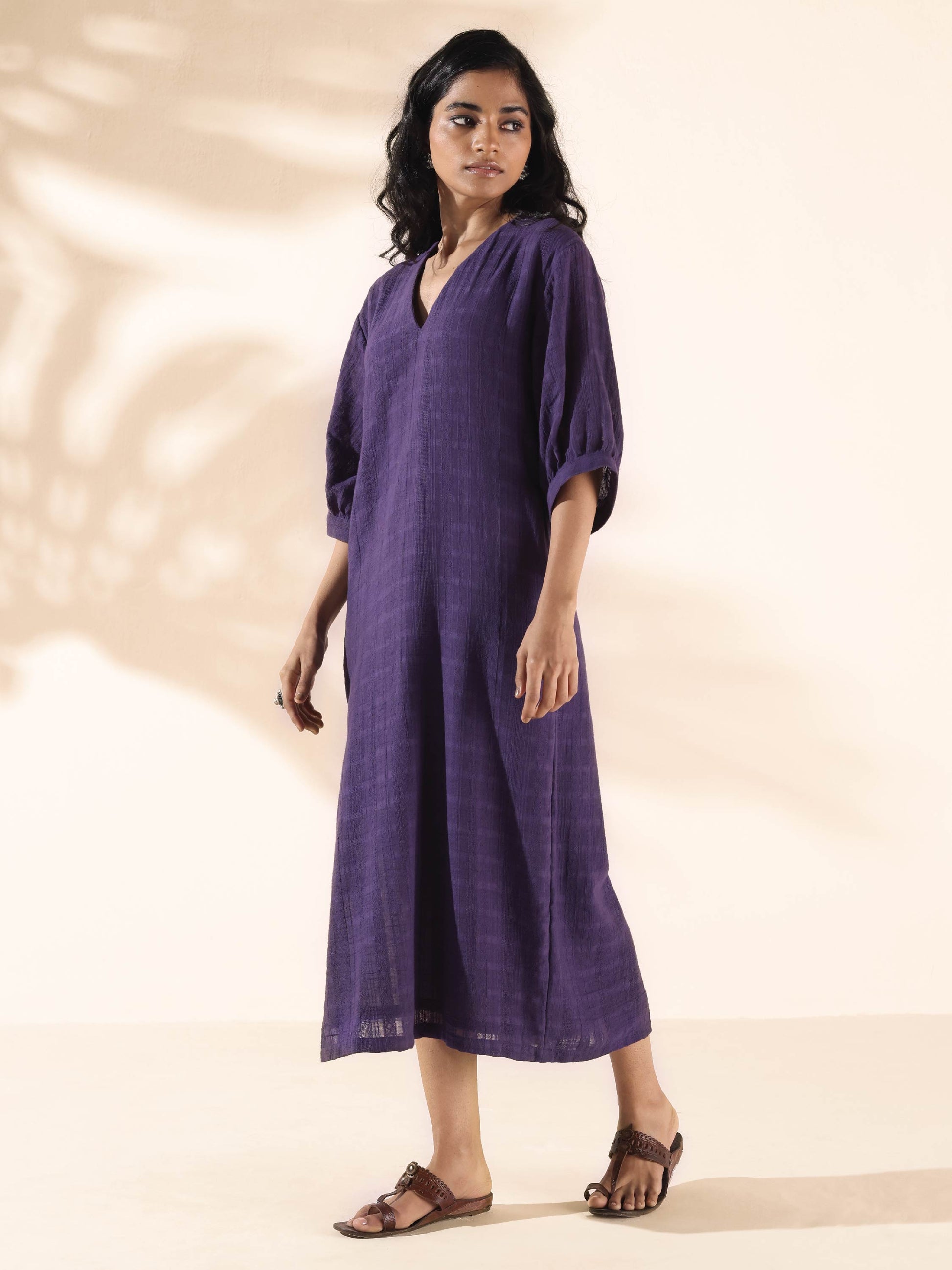 trueBrowns Purple Cotton Dobby Slit Dress | Swadesiicart