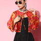InWeave Women's Black Strappy Set With Pink Mustard Floral Short Organza Cape - Swadesiicart