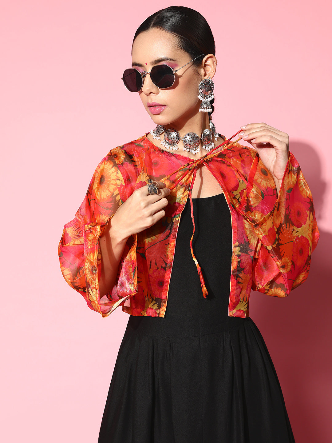 InWeave Women's Black Strappy Set With Pink Mustard Floral Short Organza Cape - Swadesiicart