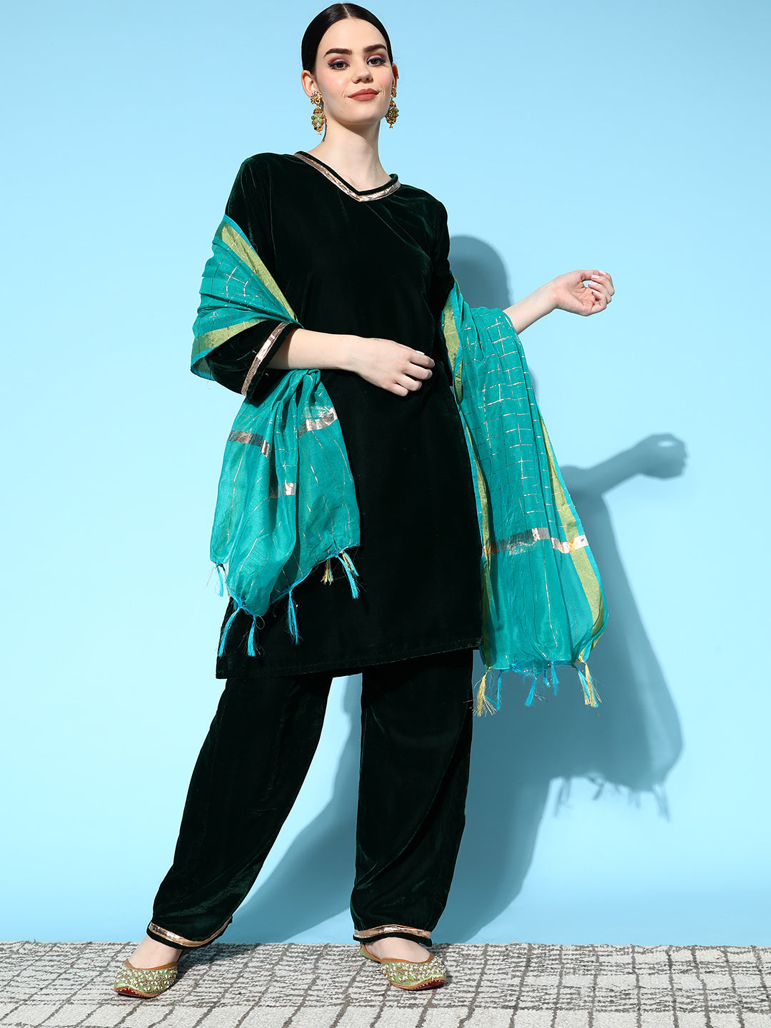 InWeave Women's Green Velvet Kurta Set With Teal Gold Check Dupatta - Swadesiicart