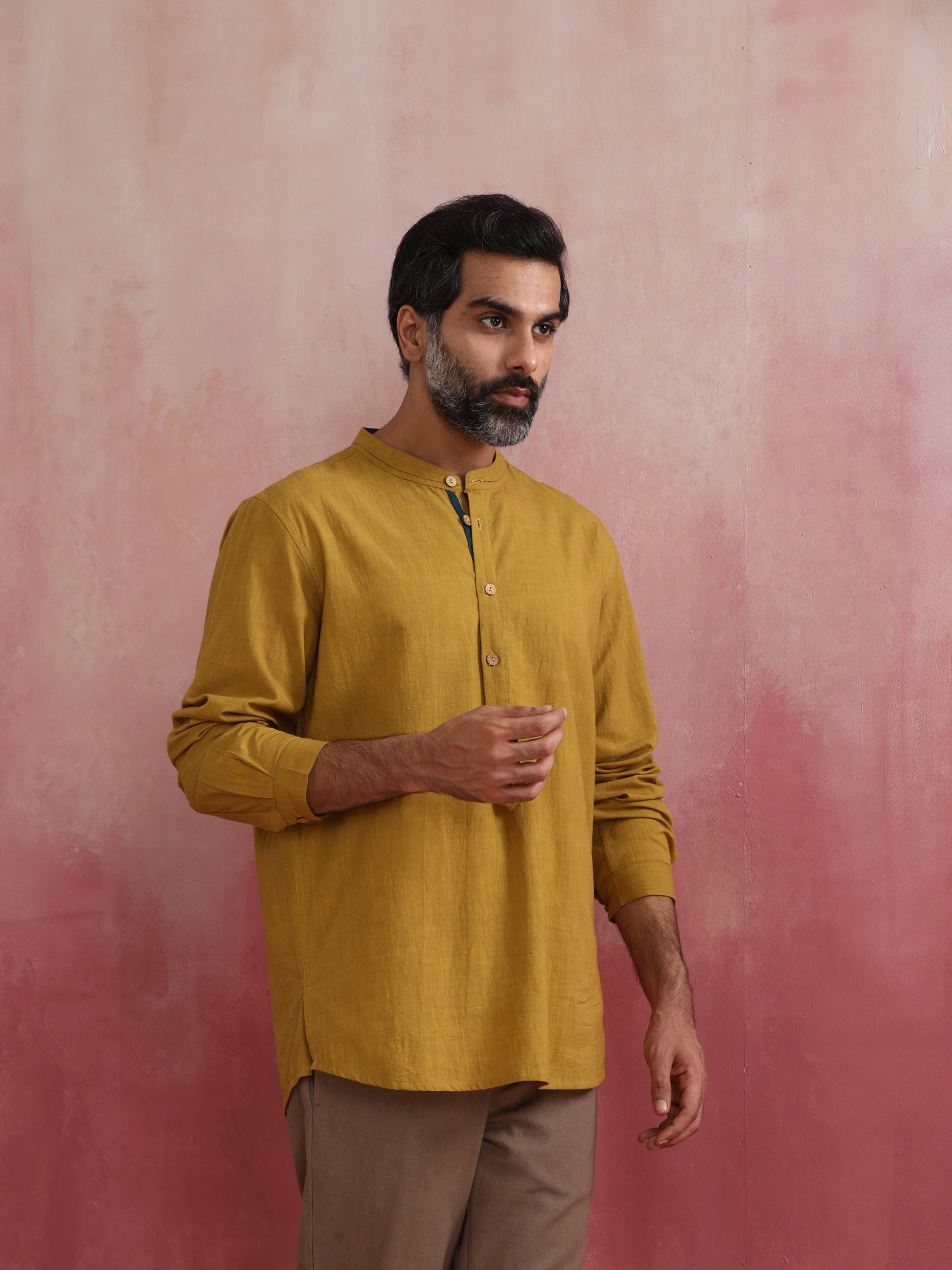 trueBrowns Men's Mustard Cotton Mandarin Collar Stylized Kurta | Swadesiicart