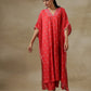 trueBrowns Red Bandhani Printed Silk Panel Kaftan Kurta Pant Set | Swadesiicart