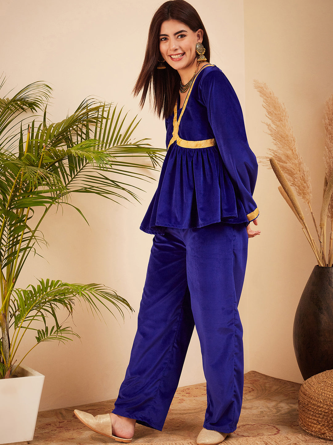 InWeave Women's Royal Blue Mughal Shaan Style Velvet Short Kurta Set - Swadesiicart