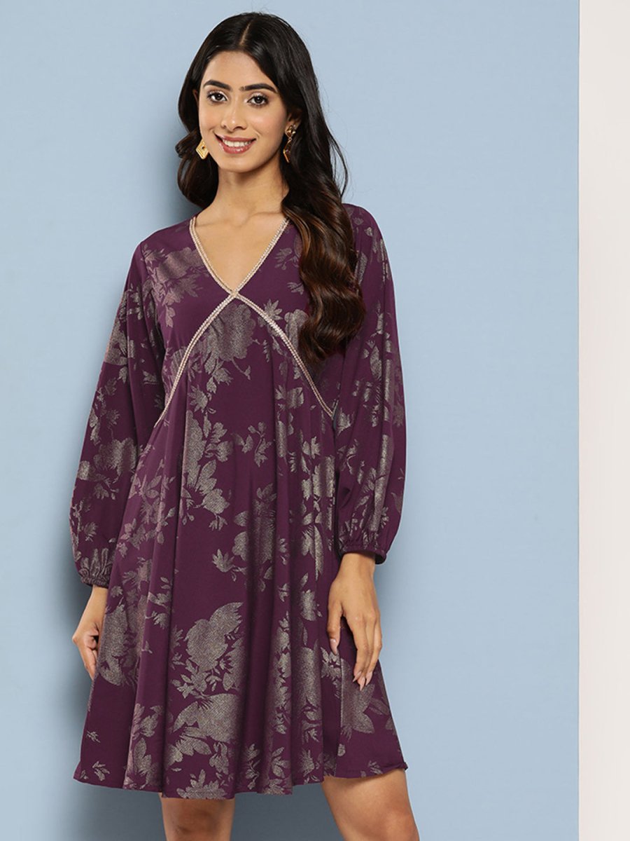 Ahalyaa Floral Print Puff Sleeves Empire Crepe Ethnic Dress | Swadesiicart