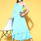 InWeave Women's Sky Blue Mirror Work One Shoulder Kurta Set - Swadesiicart